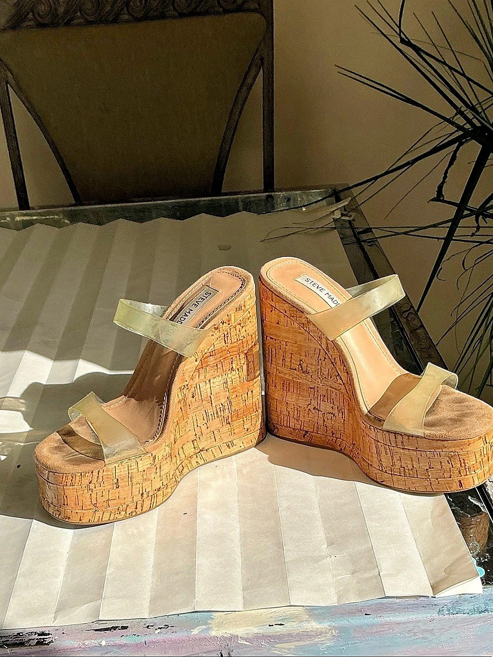 Steve Madden Cassi Cork Clear Platform Wedge Slide Sandal